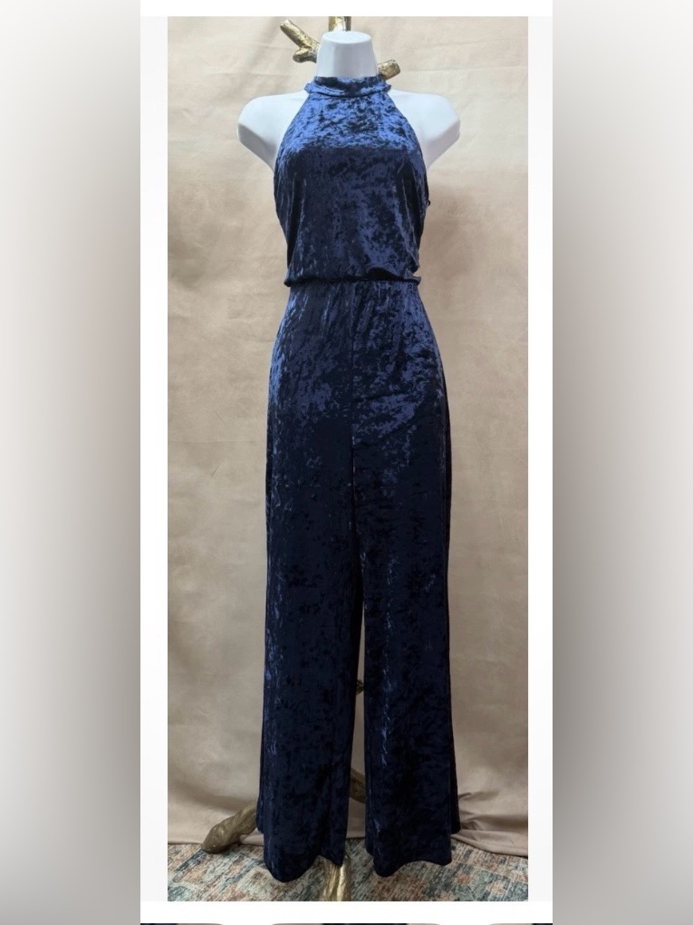 NWT Lulus Blue Crushed Velvet Formal Backless Halter Jumpsuit Size S